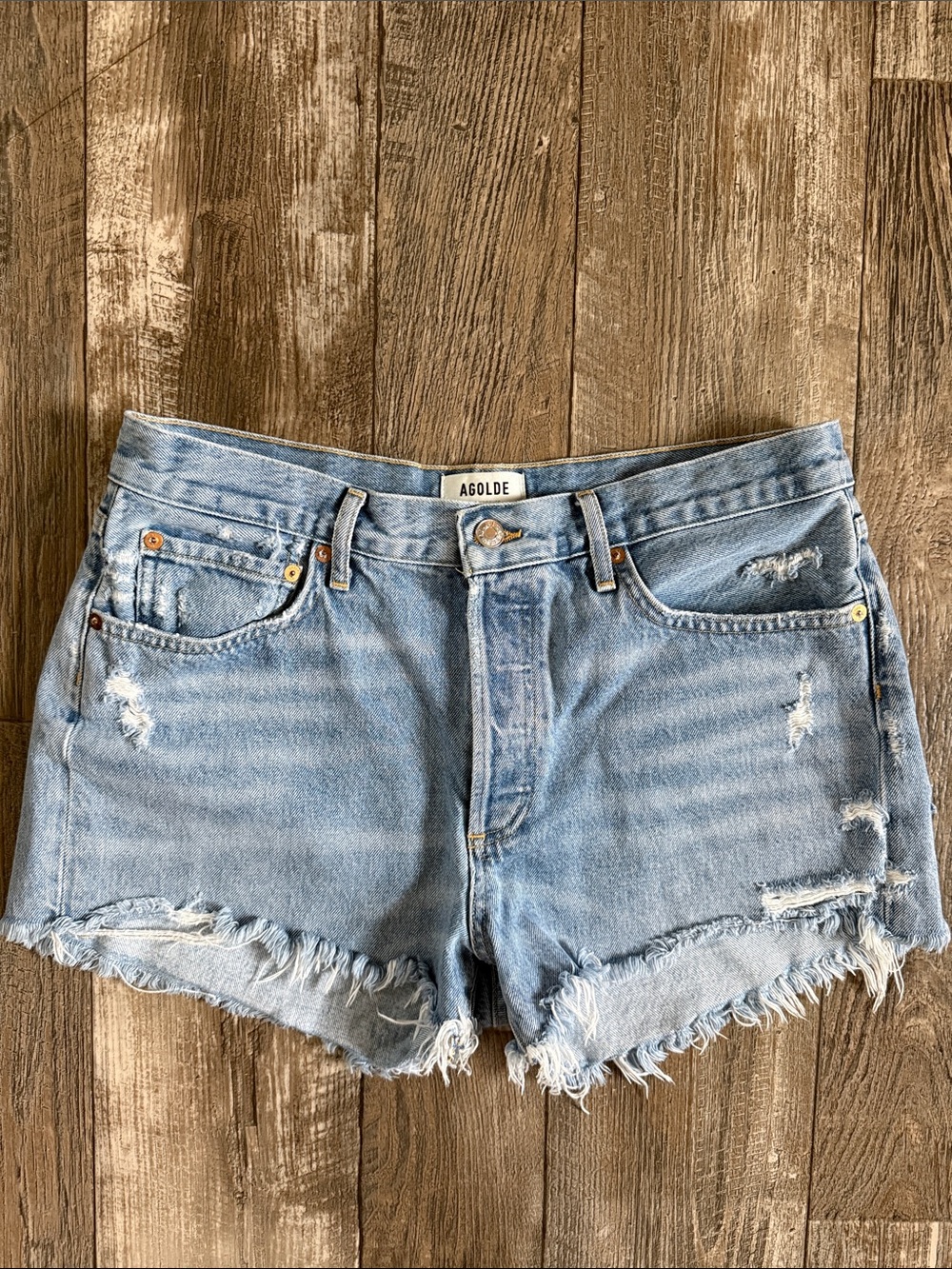 AGOLDE PARKER Light Wash Distressed Denim Cutoff Shorts, 29 💯 COTTON